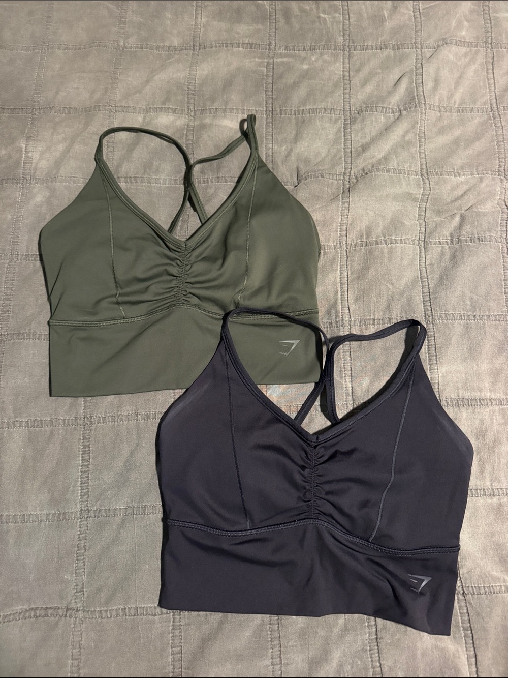 Gymshark Olive & Black Strappy Ruched Longline Sports Bras